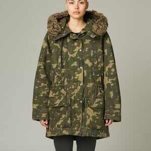 Vintage GAP Camo Anorak Jacket Womens Sz M Grunge Punk Stained Military Faux Fur